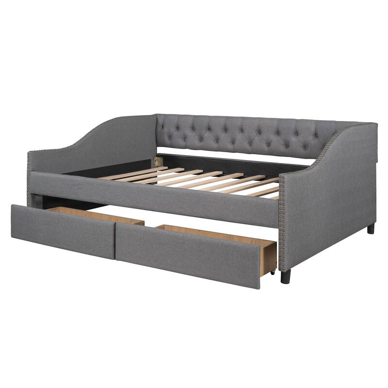 Elegant Full Size Daybed with Storage Drawers, Upholstered Fabric and Sturdy Frame
