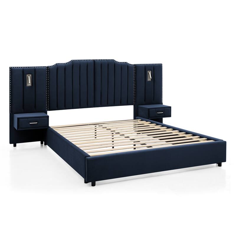 King/Queen Velvet Bed Frame with Vertical Stitch Headboard & Side Table