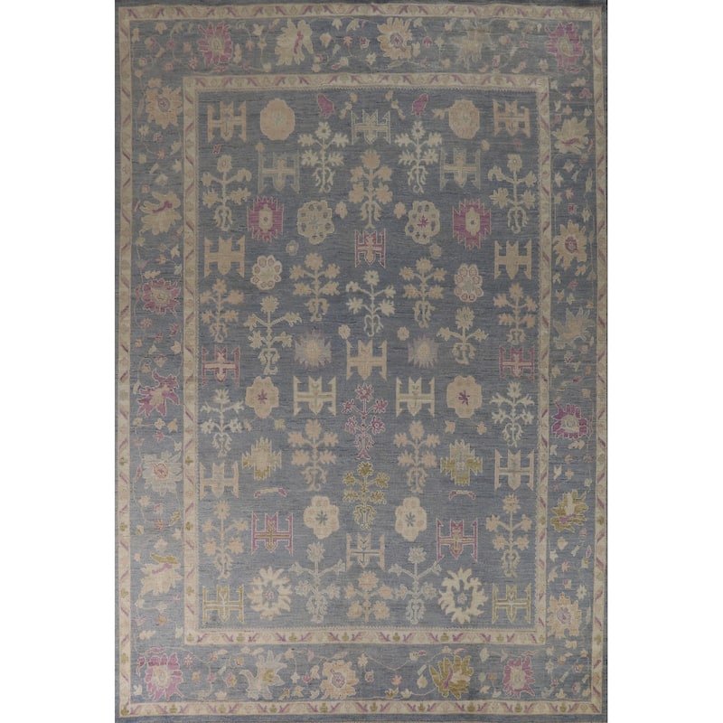 Oushak Turkish Area Rug Hand-Knotted Vegetable Dye Blue Wool Carpet - 9'3" x 11'11"