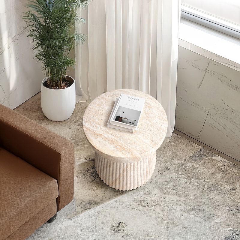 Fluted Travertine Stone Finish Italian Design MgO Side Accent Table - 14.6"x14.6"x17"