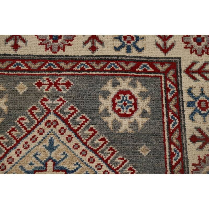 Gray Geometric Kazak Runner Rug Handmade Wool Carpet - 2'9" x 16'5"