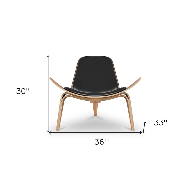 HomeRoots 36" Black And Wood Brown Genuine Leather Lounge Chair - 36' X '30' X '33
