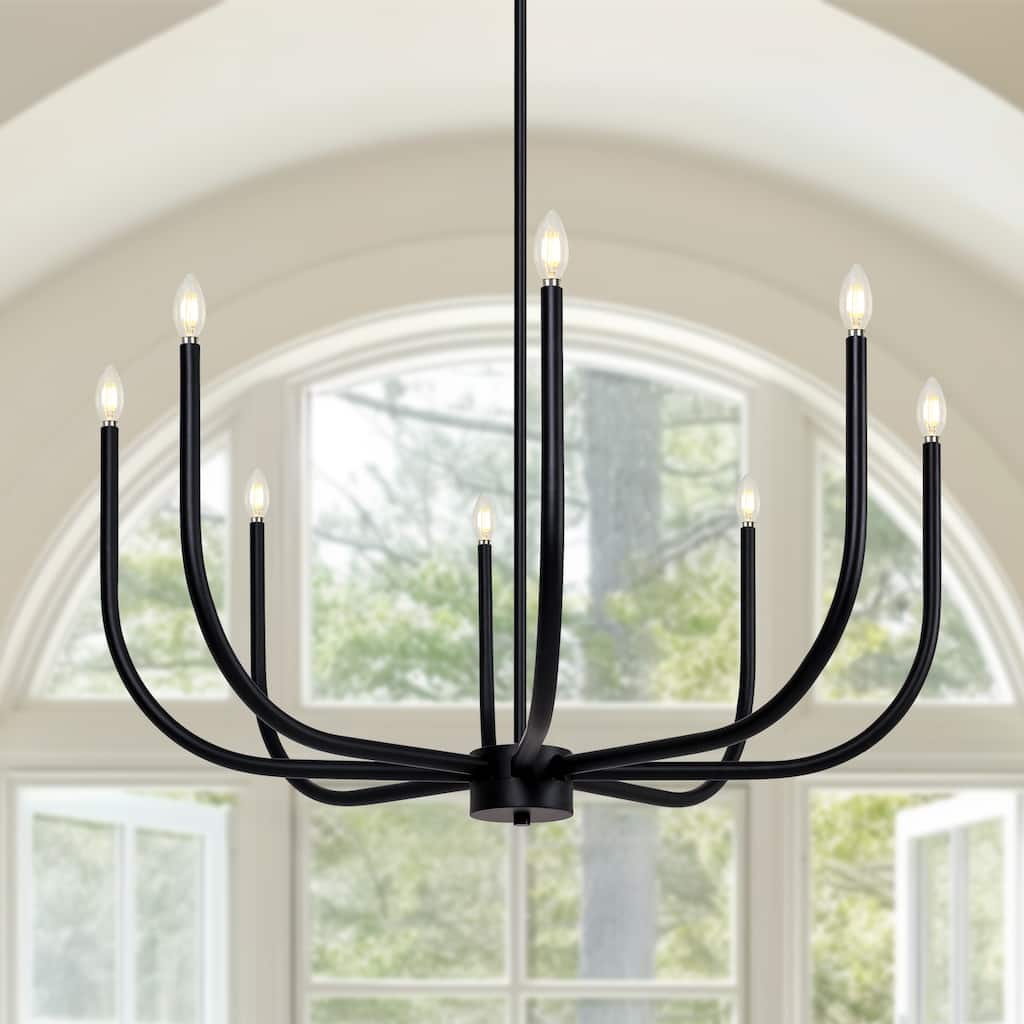Mid-Century Modern Black 8-Light Chandelier Wheel Ceiling Light for Dining Living Room - D 40.1" x H 19"