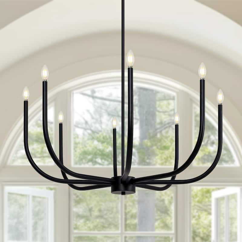 Mid-Century Modern Black 8-Light Chandelier Wheel Ceiling Light for Dining Living Room - D 40.1" x H 19"