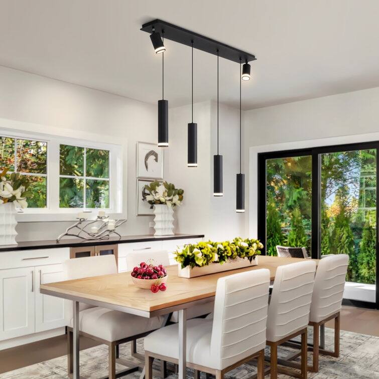 Modern Linear Chandelier 6-Light Linear Pendant Lights LED Dimmable Light Fixtures Wood, for Kitchen Island Office