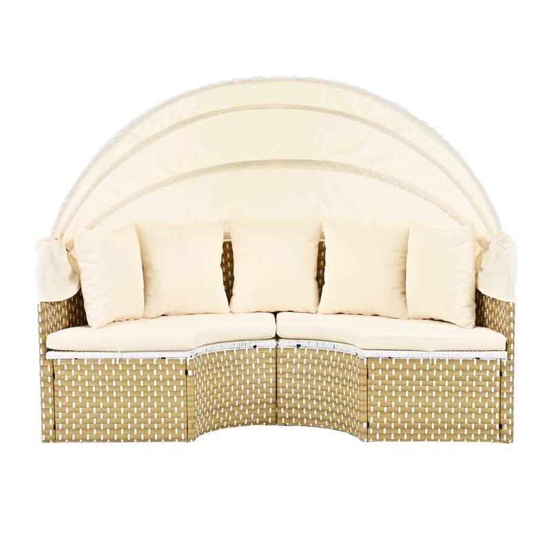 Outdoor Patio Furniture Set, Round Outdoor Sectional Sofa Set, Rattan Daybed with Retractable Canopy and Removable Cushion