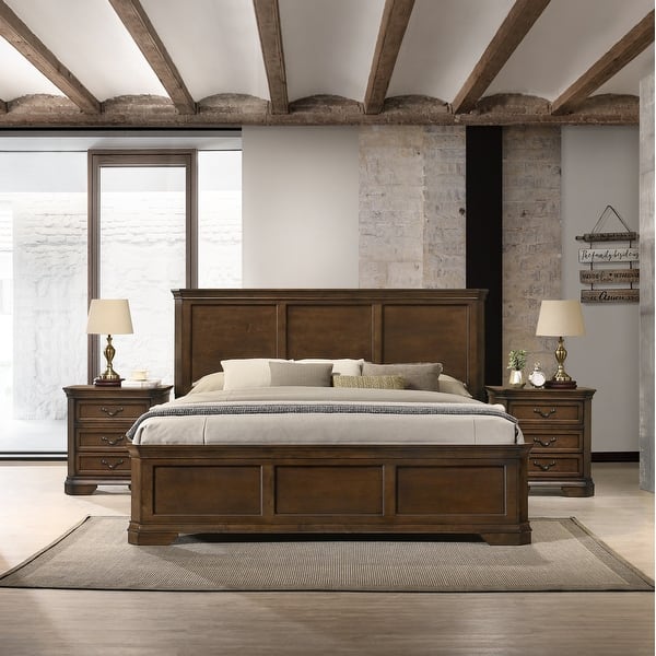 slide 2 of 4, Roundhill Furniture Maderne 3-Piece Wood Bedroom Set, Panel Bed and Two Nightstands Antique Walnut - King