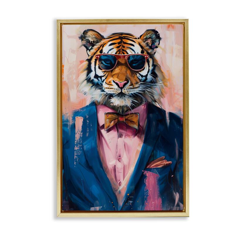 Stupell Suited Tiger Modern Fashion Framed Floater Canvas Wall Art Design By LSR Design Studio - 21 x 31 - Gold