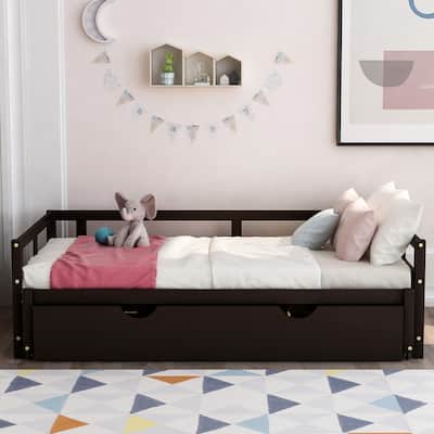 Space-Saving Daybed with Pull-out Trundle, Twin to King Platform Bed Design, Solid Pine Wood Frame with 3 Sided Guardrails