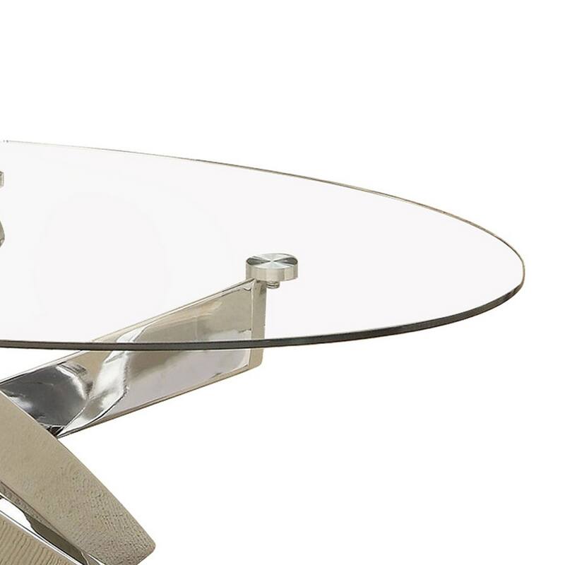 Oval Shape Glass Top Coffee Table with Criss Cross Base, Silver and Clear
