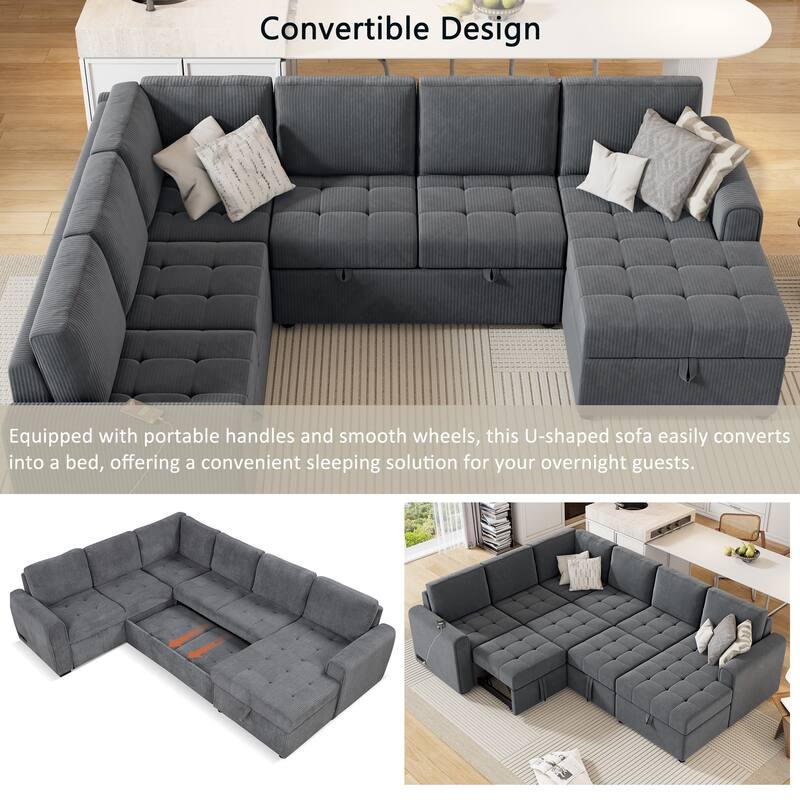 Convertible Sectional Sleeper Sofa with Pull Out Bed, Storage Chaise & Charging Devices, Oversized Corduroy U-Shaped Cloud Sofa
