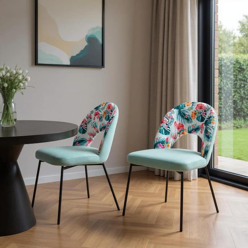 HomeRoots Set of Two Green and Black Velvet And Steel Tropical Floral Dining Side Chairs - 20.00 in. x 33.50 in. x 24.00 in. - Set of 2 - 20.00 in. x 33.50 in. x 24.00 in. - Green