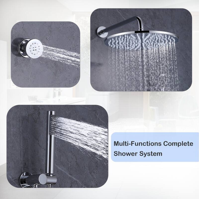 3-Way Complete 12'' Rain Shower System with 4 Body Jets and High-pressure Handheld Shower Head in Black/Nickel/Chrome, Wall