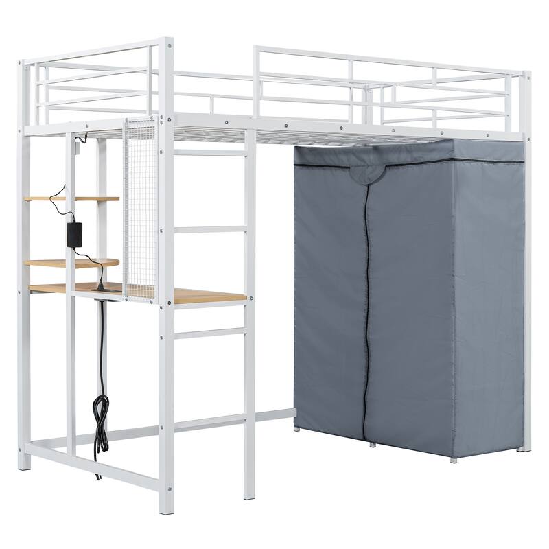 Full Size Metal Loft Bed with Workstation Desk, Built-In Shelves, LED Light Strip, Power Outlet & Hanging Wardrobe Storage