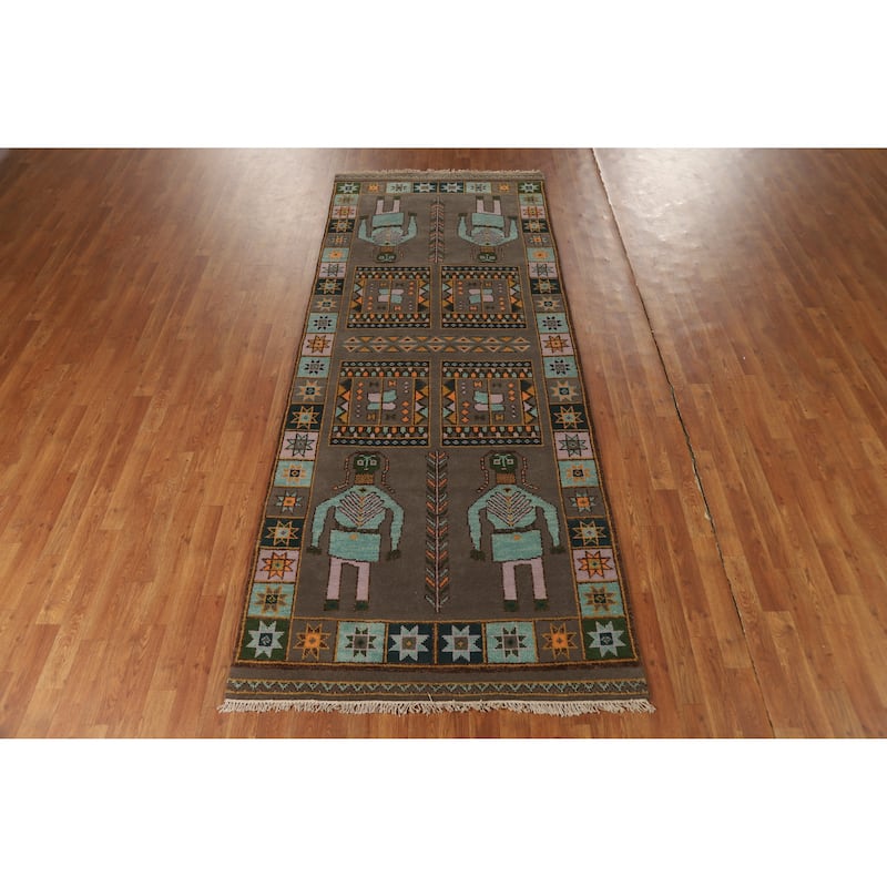 Hand Knotted Oriental 100% Wool Carpet Traditional Tribal Brown Heriz (serapi) Runner Rug - 9' 11'' X 4' 0''