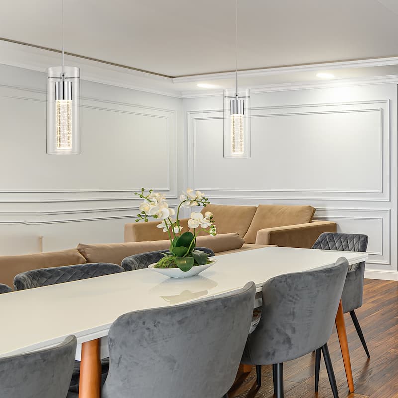 7-Watt 1-Light Chrome Clear Glass Shade Inner Seedy Glass Cylinder LED Pendant Light