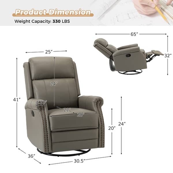 dimension image slide 2 of 5, Alina Modern 20''w Genuine Leather Swivel Rocker Nursery Manual Recliner Chair with Rolled Arms by HULALA HOME