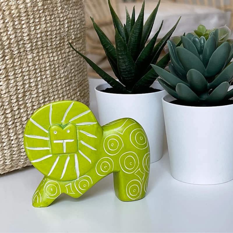 Small Soapstone Lion Figurine - Set of 3, Lime Green