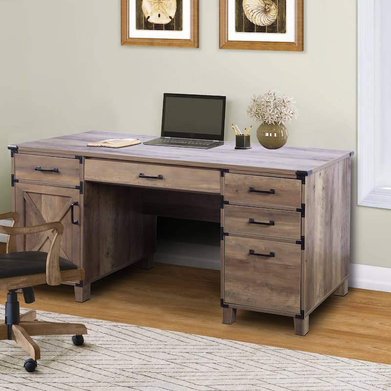Oxford 59" Rustic Oak Wooden Farmhouse Executive Desk - Oak