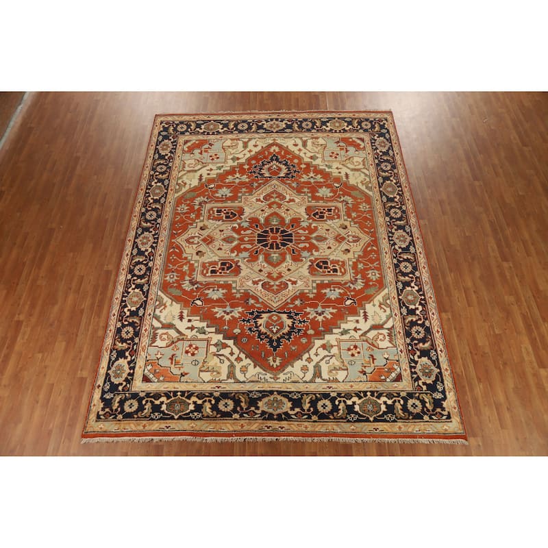 Hand Knotted Oriental 100% Wool Carpet Traditional Medallion Oranges & Rust Heriz (serapi) Area Rug - 11' 10'' X 9' 2''