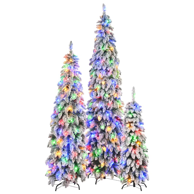 8FT, 6FT, 4FT Pre-Lit Pencil Christmas Trees, 3-set Slim Artificial Christmas Tree With Snow Flocking, 11 Lighting Modes