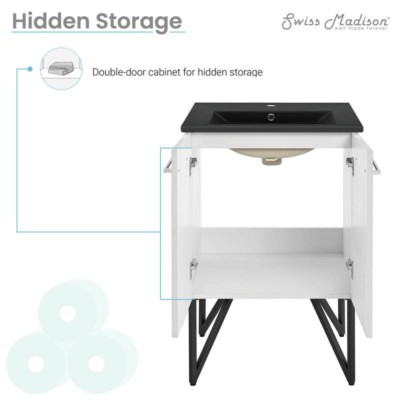 Annecy 24 In. White Bathroom Vanity With Black Ceramic Sink Top