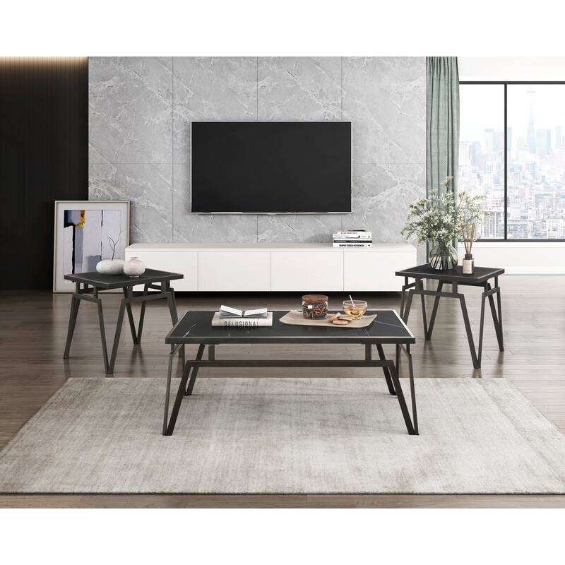 Modern Contemporary Finish 3pc Occasional Table Set Cocktail Table and 2x End Tables Sintered Stone Top