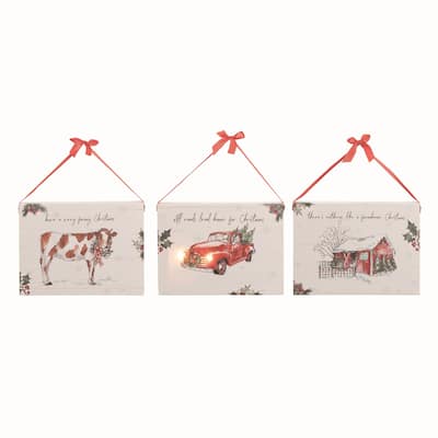 Transpac MDF L/U Christmas Farm Canvas Ornament Set of 3 Christmas Home Decorations - Mutlicolor