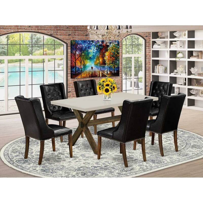 HomeStock 7-Piece Distressed Jacobean Finish Solid Wood Top Dining Table with 6 Parson-Chairs