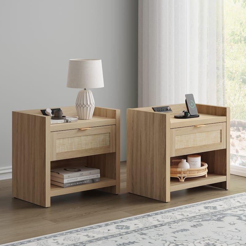 SICOTAS Farmhouse Set of 2 Nightstand with Charging Station and Drawers