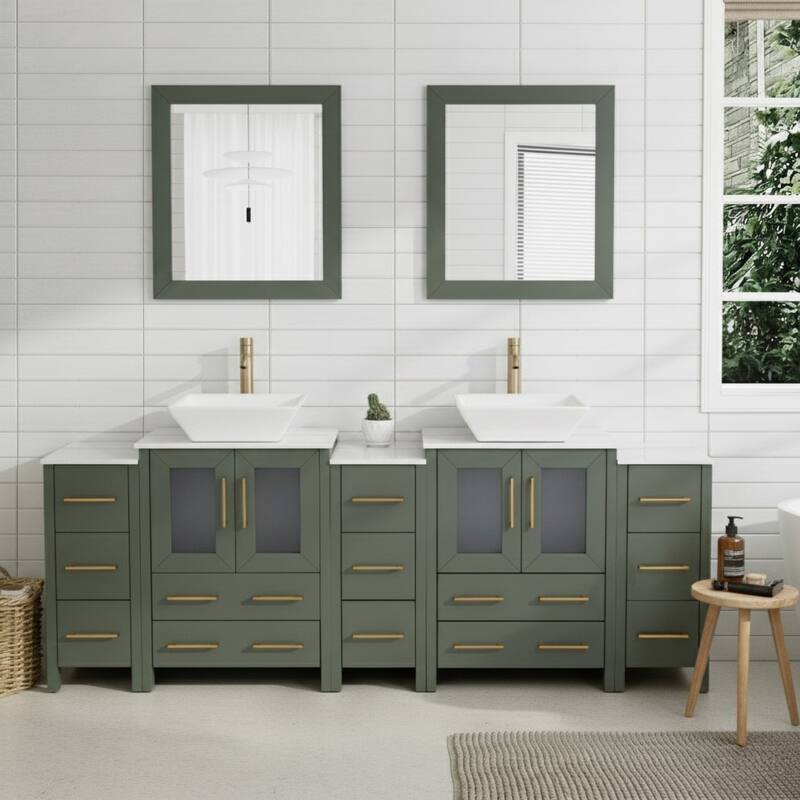 Vanity Art 84-Inch Double Sink Bathroom Vanity Set with Engineered Marble Top and Free Mirror - 84 W X 18.5 D X 31.1 H - Vintage Green