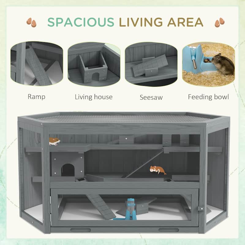 Grey Fir Wood 3-Tier Hamster Cage with Clear Walls and Seesaw Toy - 45.3" L x 23.6" W x 21.7" H
