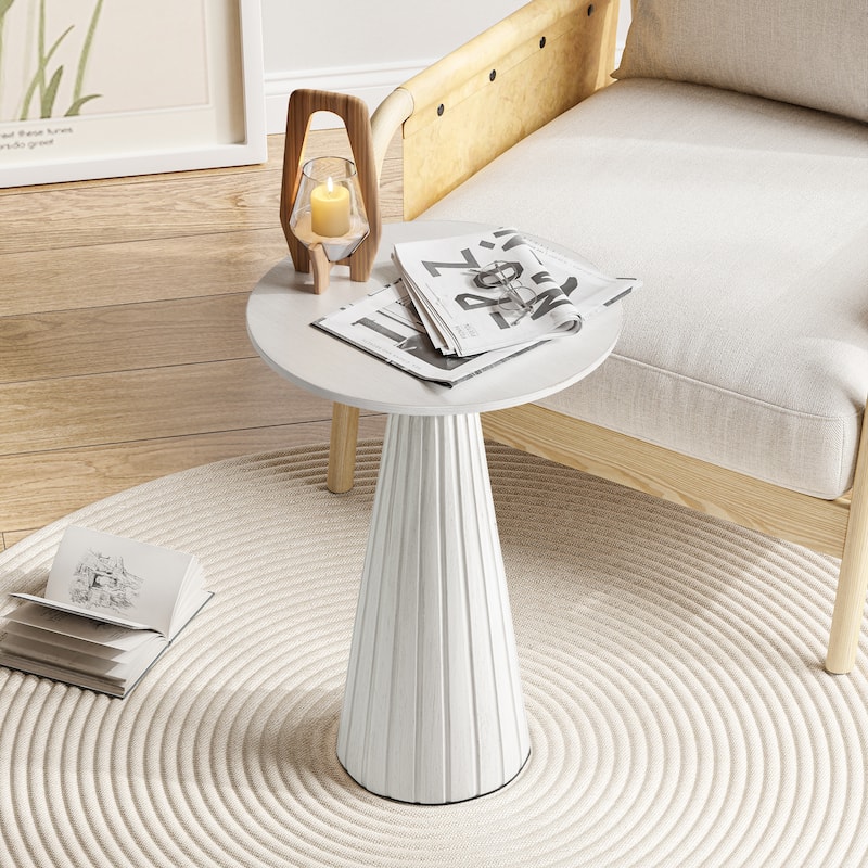 COZAYH Farmhouse Pedestal End Table, Round Martini Table Wood Plant Stand Rustic Small Drink Table for Living Room, Bedroom - Fluted Cone Base - White