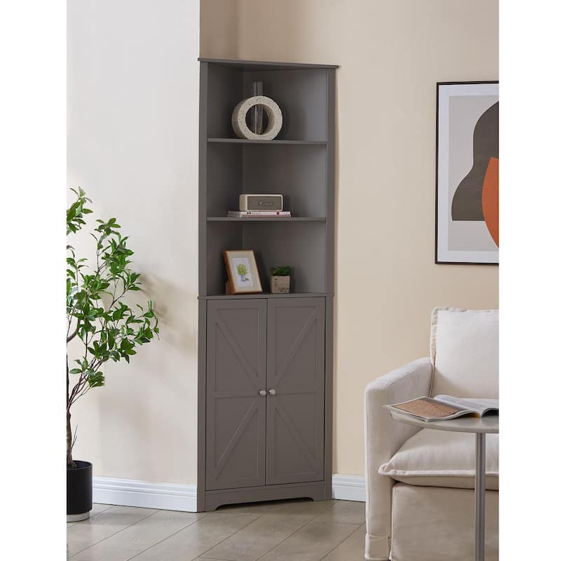 Cecilion Modern Wood Corner Storage Cabinet with 5 Shelves - Grey