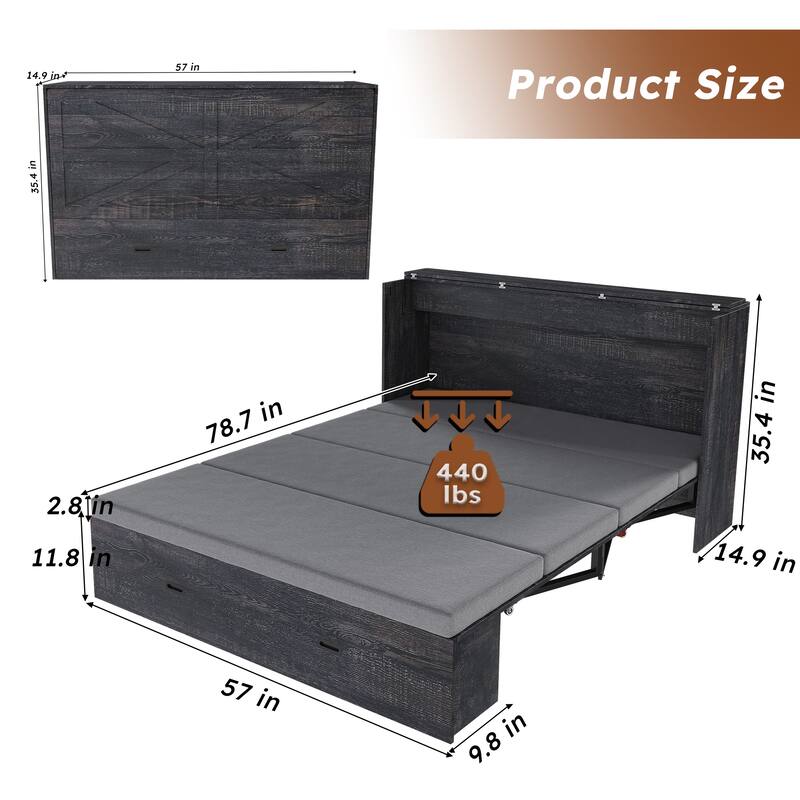 Full Size Murphy Bed, with Storage Drawers and Charging Cabinet, with Foldable Panels, with Swivel Wheels, Noise-Free