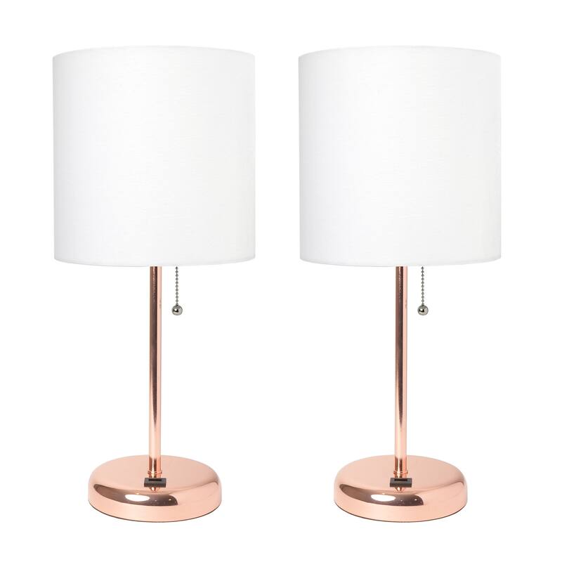19.5 in. Rose Gold Finish Table Lamp with White Shade, Durable Stick Lamp for End/Side Tables, Set of 2