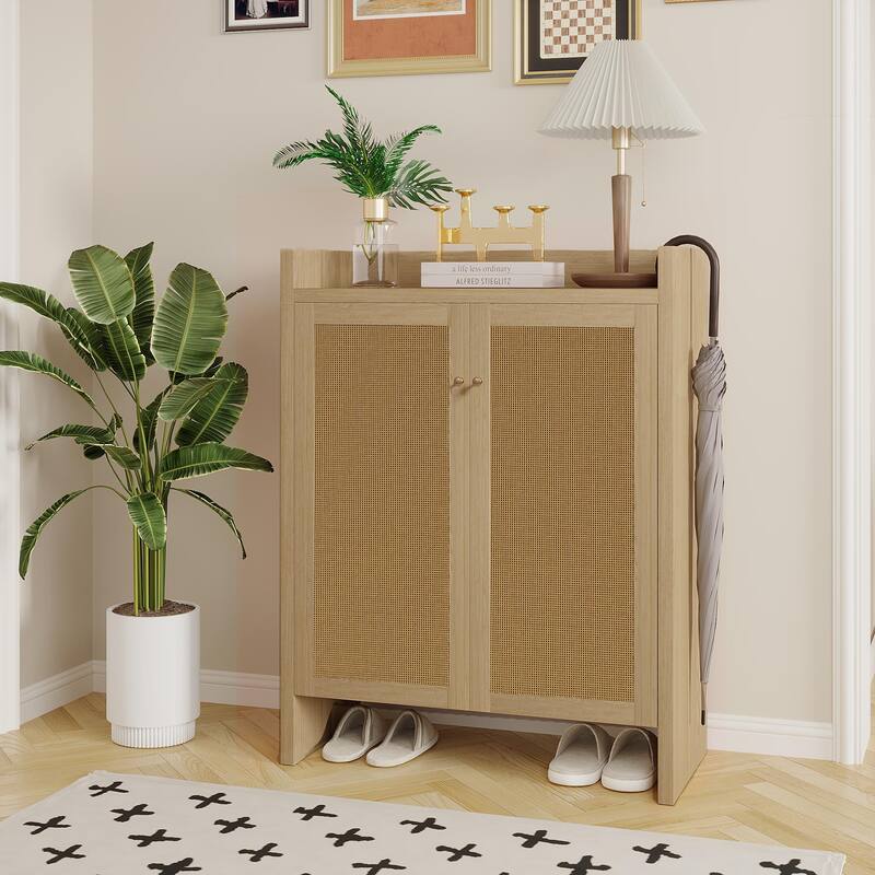 Anmytek Walnut Rattan Shoe Cabinet with Doors and 6 Tier Adjustable Shelves Wooden Entryway Shoe Organizer