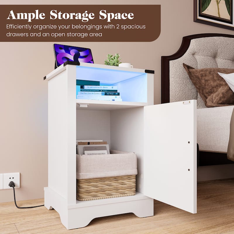 Farmhouse Nightstand Set of 2 With LED Lights and Charging Station