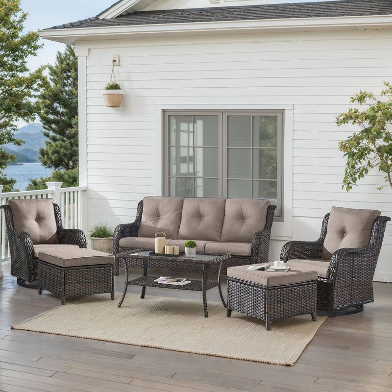 Outdoor Swivel Chairs with Sofa Ottoman Brown-Grey - Brown - Brown - Grey