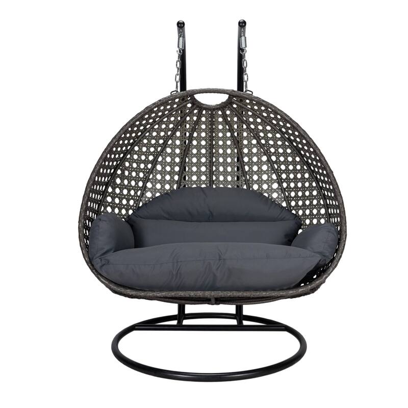 LeisureMod 2-Person Hanging Egg Swing Chair with Metal Stand - Handcrafted Charcoal Wicker, Patio Hammock Lounger with Cushions