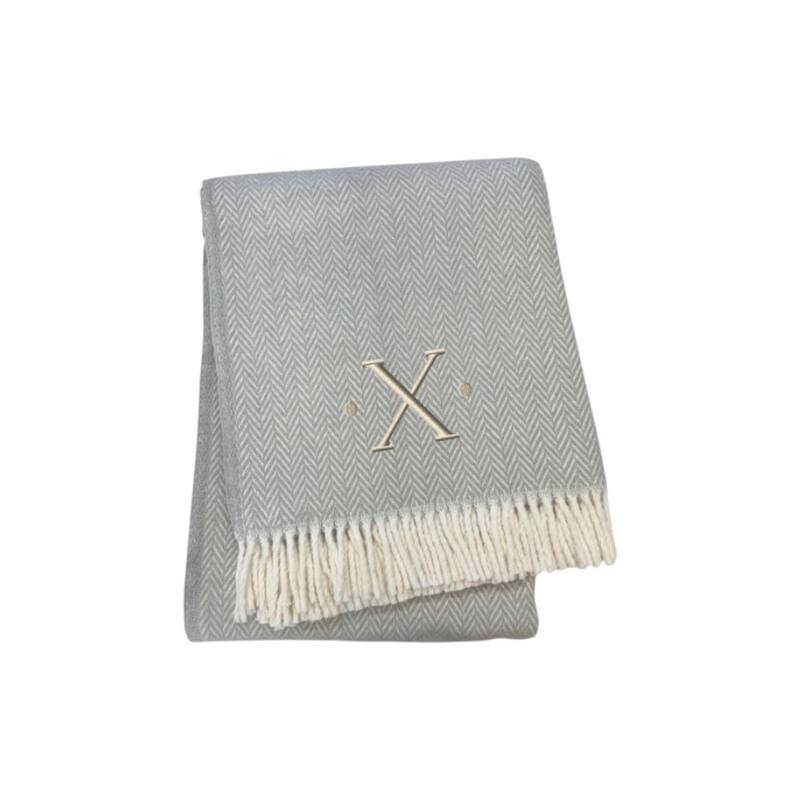 55" X 70" Gray And White Herringbone Cotton Blend A Initial Throw Blanket with Tassels And Embroidery - X