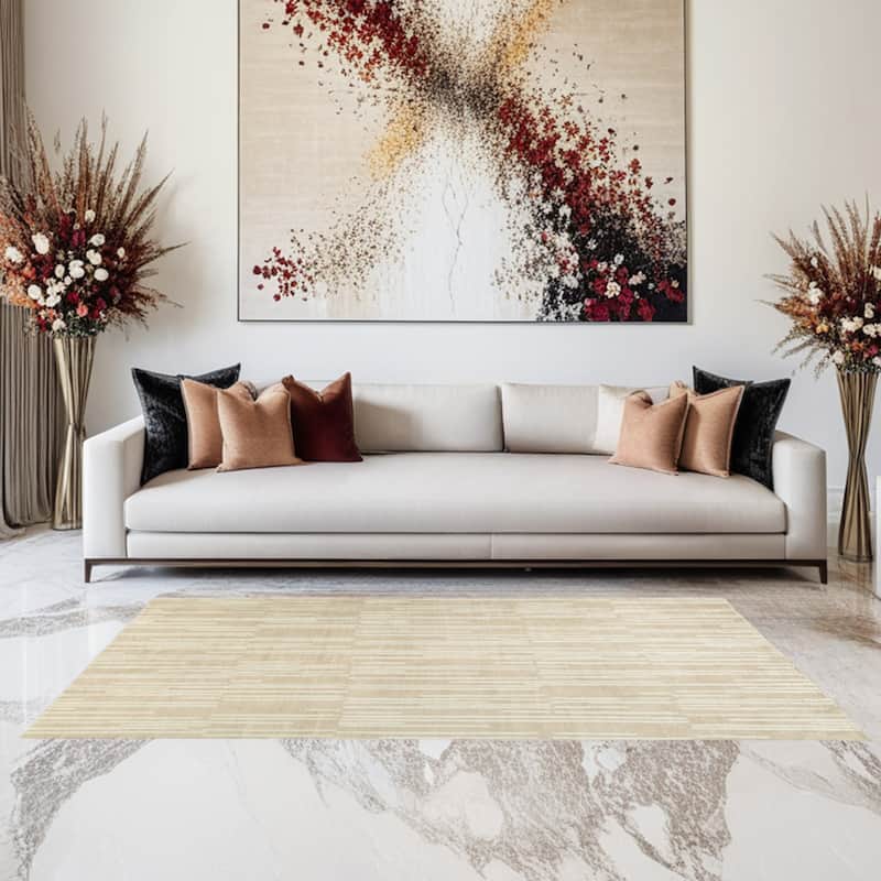 Stebin 5 x 7 Area Rug, Shag Style, 15mm Pile Cream Polyester, Washable - 5 x 7 Area Rug, Shag Style, 15