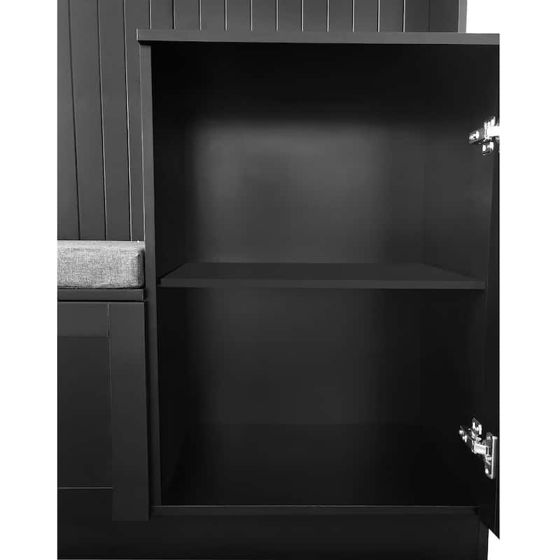 Modern Entryway Hall Tree with Cushioned Storage Bench & Shoe Bench, Tall Coat Rack with Cabinets and Shelves