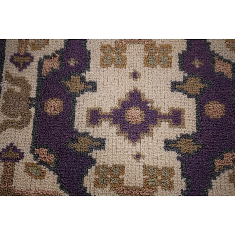 Ivory & Purple Oushak Indian Runner Rug Hand-Knotted Wool Carpet - 2'8"x 10'1"