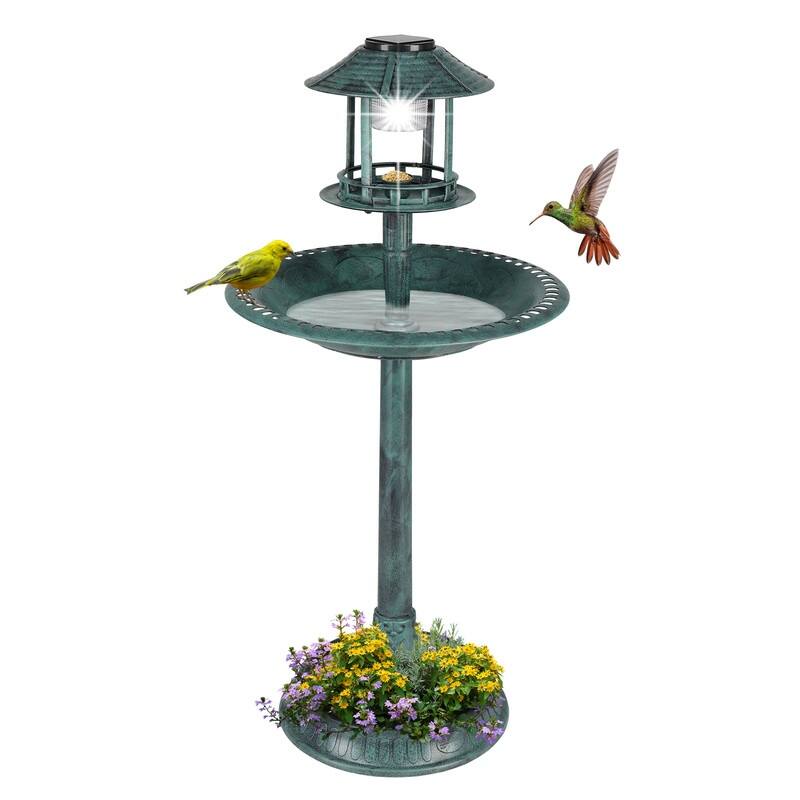 42" H Plastic Birdbath with Solar Light - Green