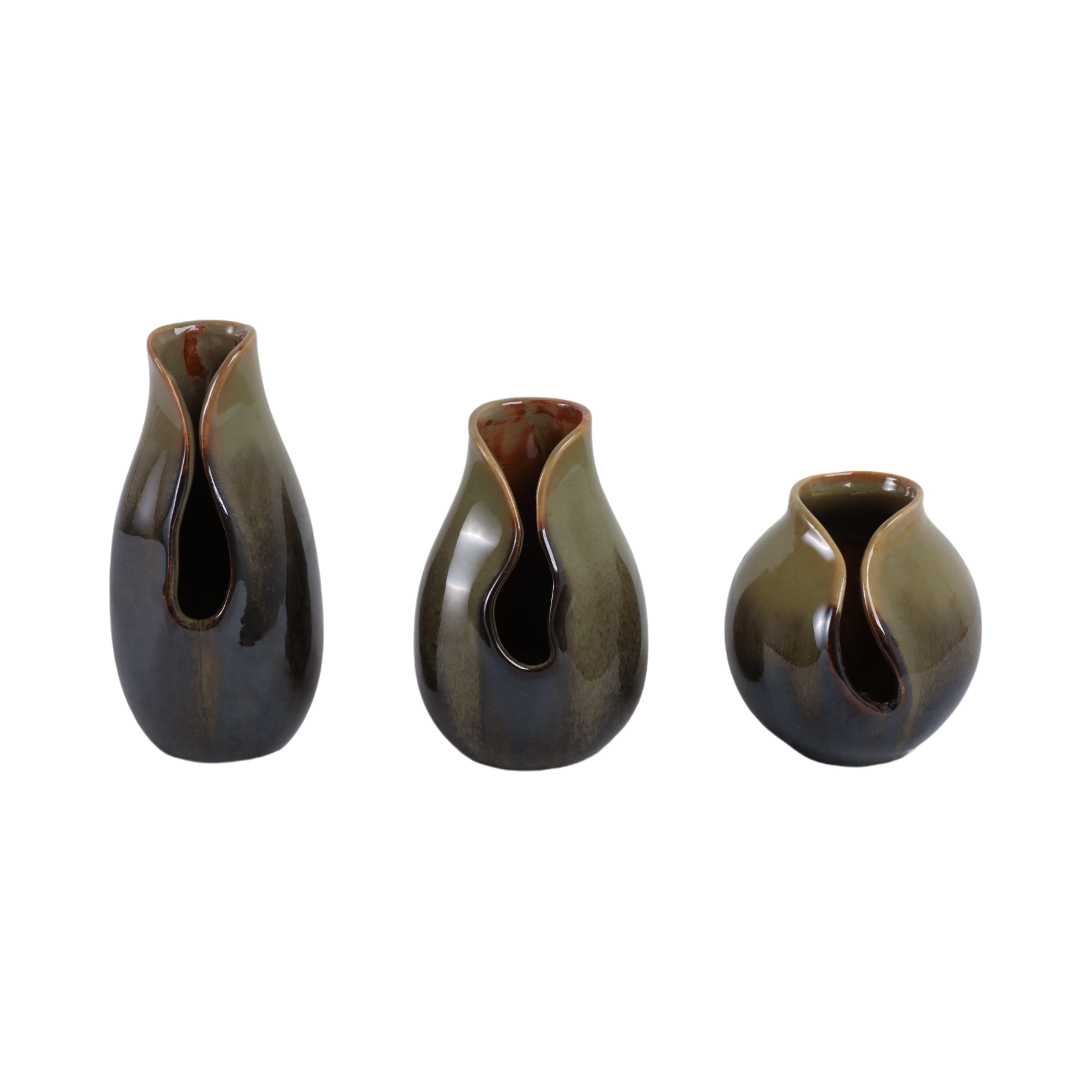 Decorative Vases Set of 3 - Green Ceramic Sculptural Design, 5/7/8 in.