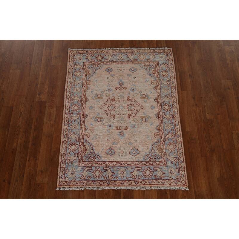 Hand Knotted Oriental 100% Wool Carpet Transitional Geometric Peach Oushak Area Rug - 3' 10'' X 2' 11''