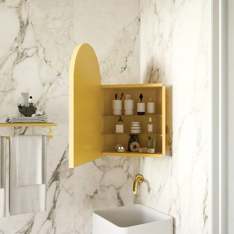 18x24 Inch Metal Corner Medicine Cabinet with Arched Mirror, Adjustable Glass Shelves, Space-Saving Bathroom Storage