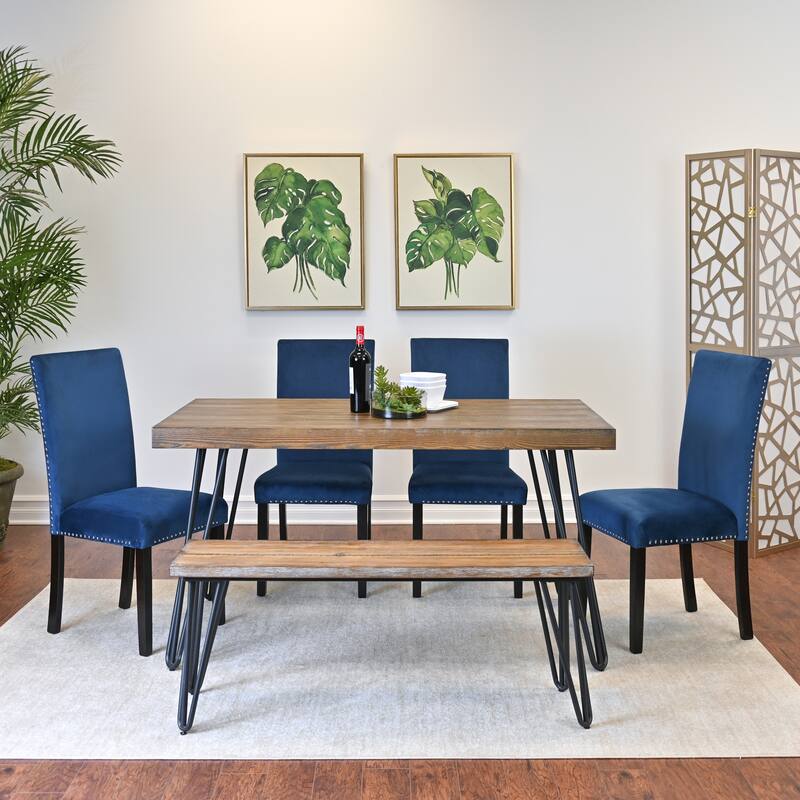 Roundhill Furniture Ashzo 6-Piece Dining Set, Hairpin Dining Table with 4 Chairs and Bench - Blue
