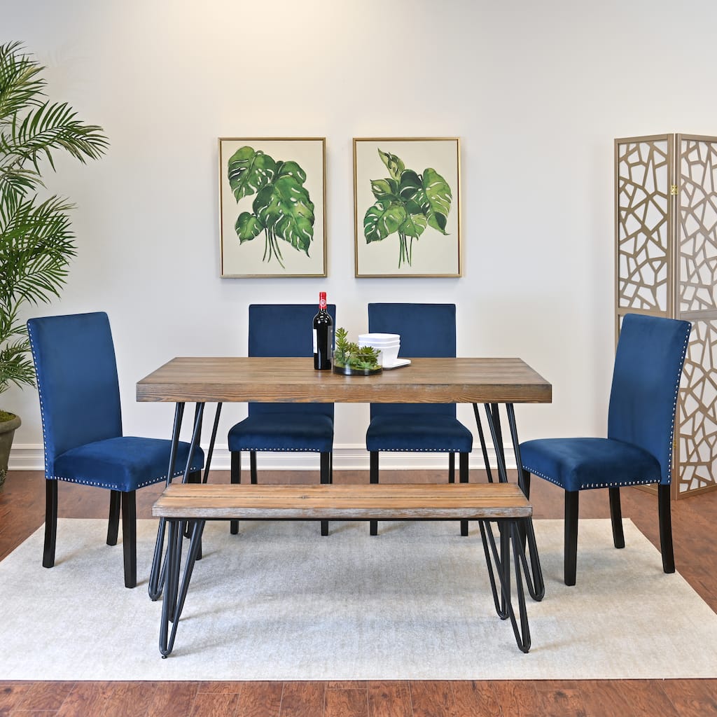 Roundhill Furniture Ashzo 6-Piece Dining Set, Hairpin Dining Table with 4 Chairs and Bench